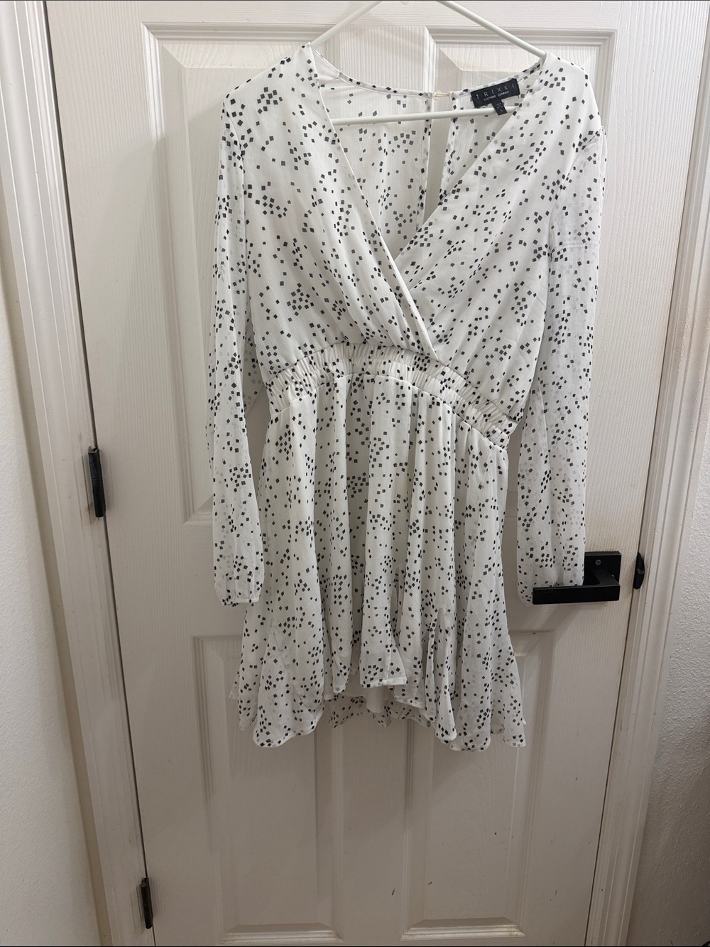 Trixxi White Long Sleeve Wrap-Style Midi Dress with Black Dot Print